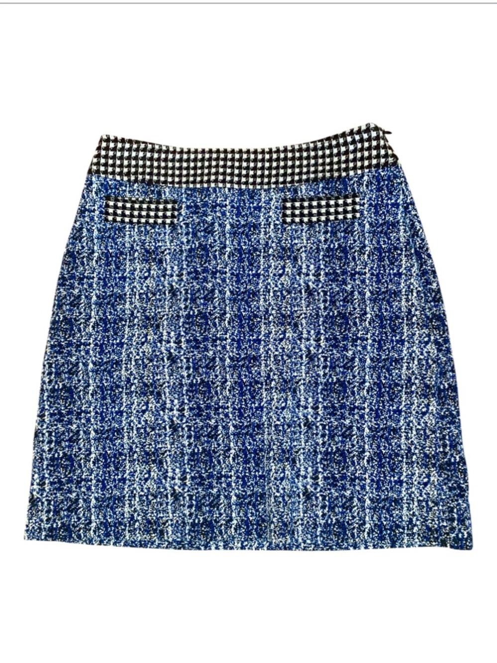 Cabi Blue Tweed Knit Mini Skirt Houndstooth Waist Textured Size 2